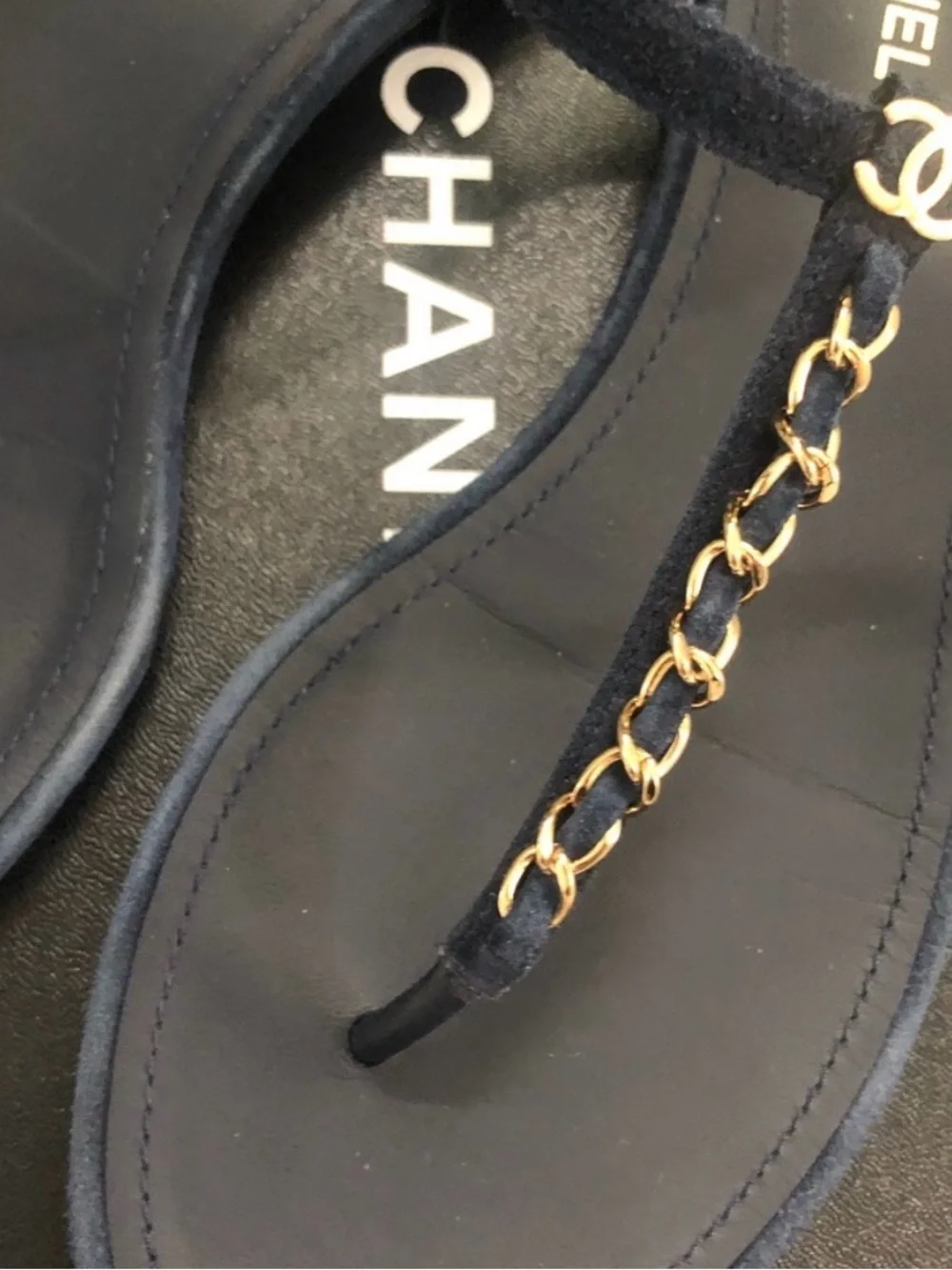 CHANEL Suede Calfskin Thong Sandals 38.5 Navy Blue